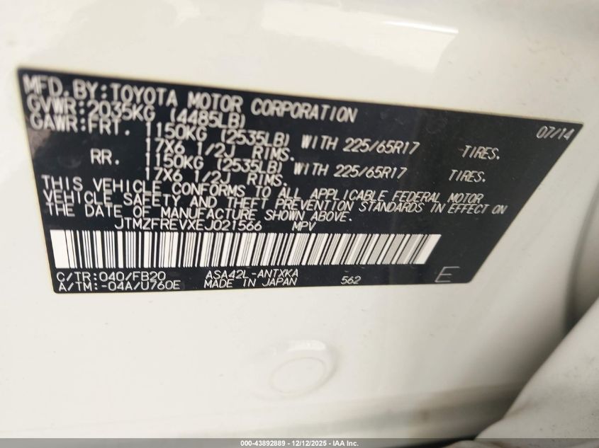 2014 Toyota Rav4 Le VIN: JTMZFREVXEJ021566 Lot: 43892889