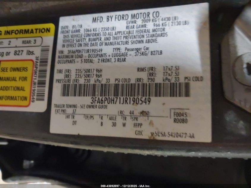 2018 Ford Fusion Se VIN: 3FA6P0H71JR190549 Lot: 43892897