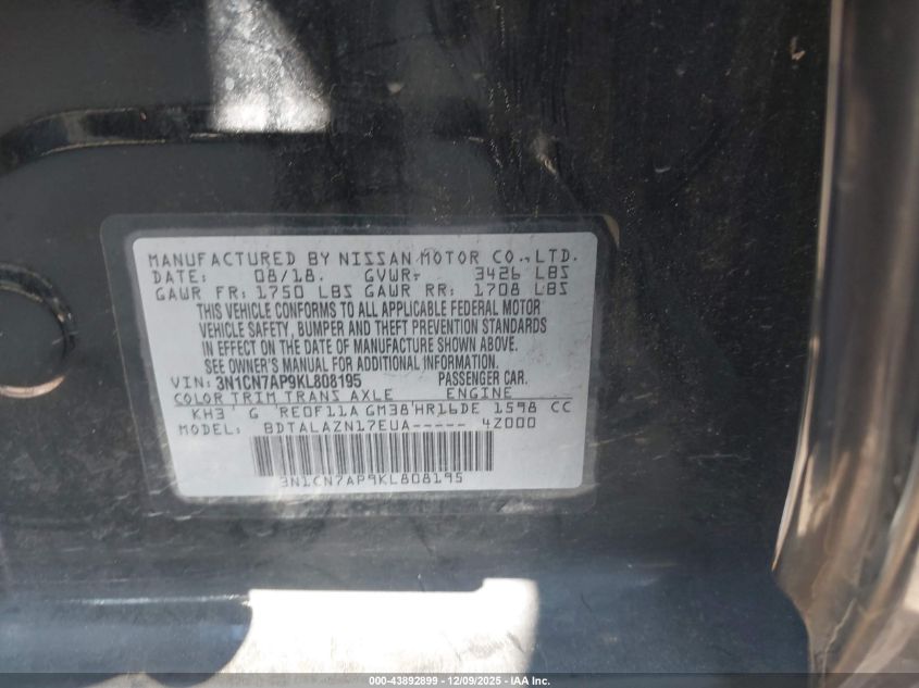 2019 Nissan Versa 1.6 S+ VIN: 3N1CN7AP9KL808195 Lot: 43892899