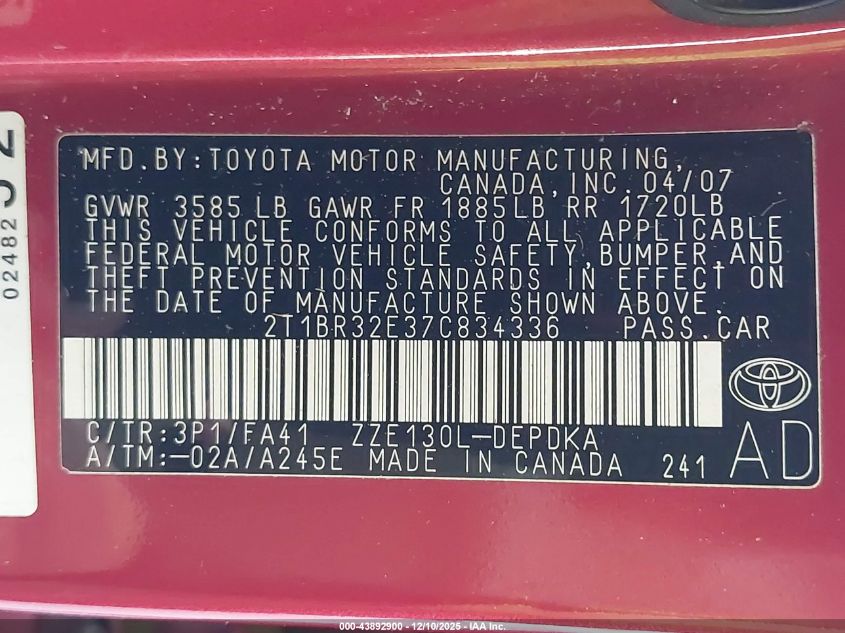 2007 Toyota Corolla Ce VIN: 2T1BR32E37C834336 Lot: 43892900