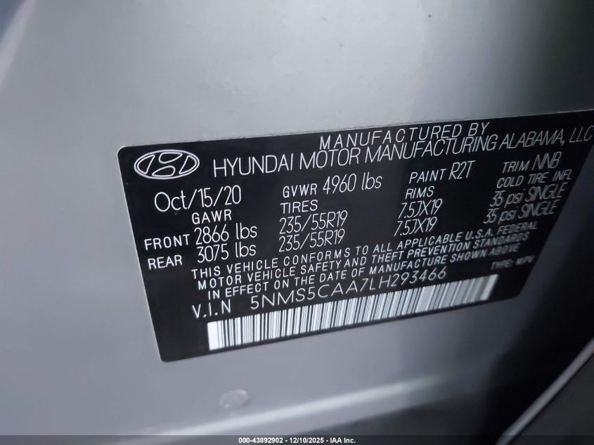 2020 Hyundai Santa Fe Limited 2.0T VIN: 5NMS5CAA7LH293466 Lot: 43892902
