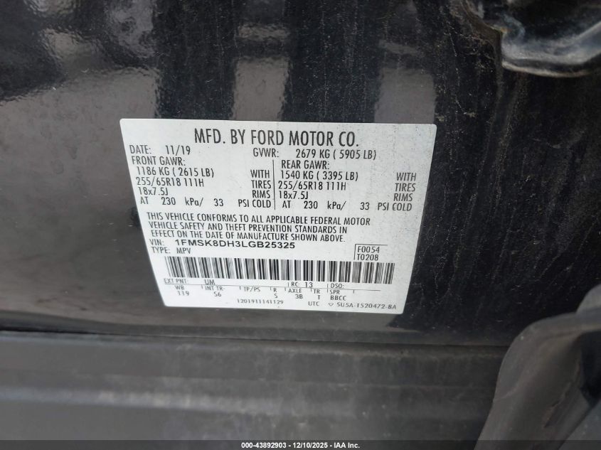 2020 Ford Explorer Xlt VIN: 1FMSK8DH3LGB25325 Lot: 43892903