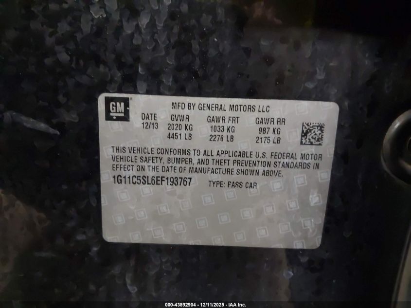 2014 Chevrolet Malibu 1Lt VIN: 1G11C5SL6EF193767 Lot: 43892904