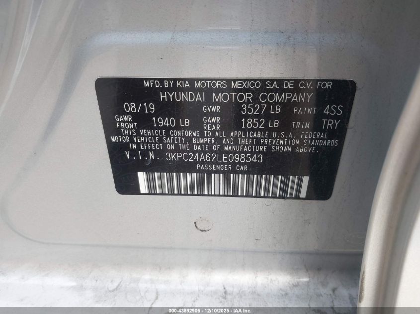 2020 Hyundai Accent Se VIN: 3KPC24A62LE098543 Lot: 43892906