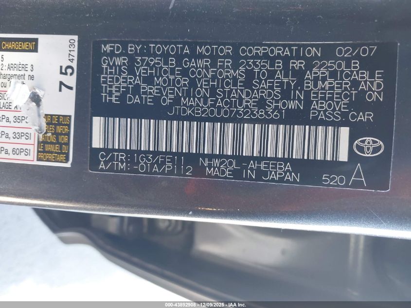 2007 Toyota Prius VIN: JTDKB20U073238361 Lot: 43892908