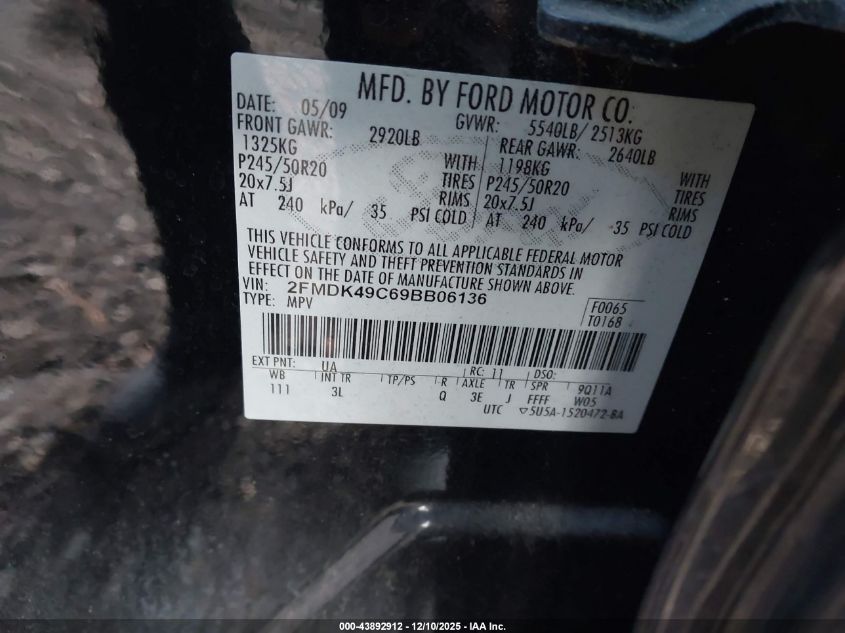 2009 Ford Edge Limited VIN: 2FMDK49C69BB06136 Lot: 43892912