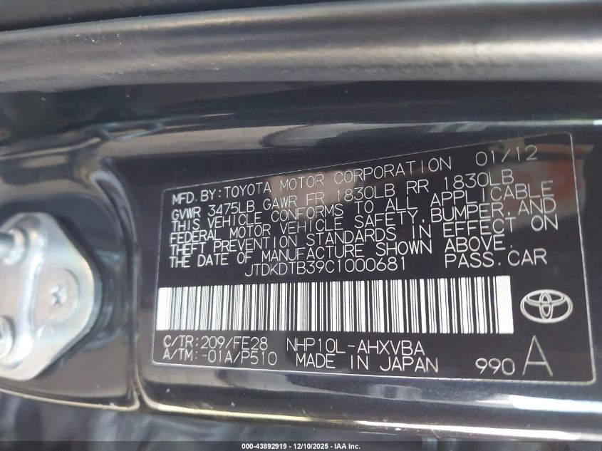 2012 Toyota Prius C One VIN: JTDKDTB39C1000681 Lot: 43892919