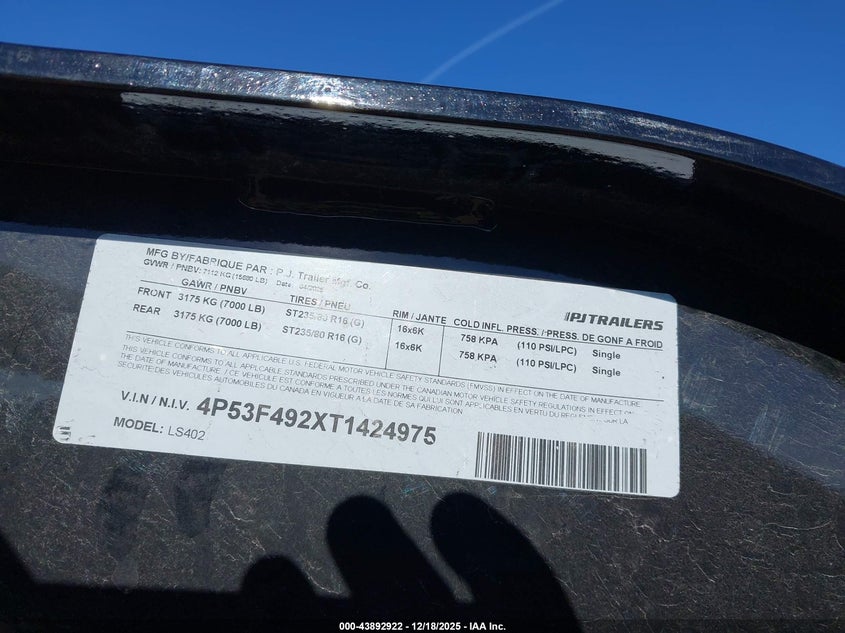 2026 Pj Trailers Unknown VIN: 4P53F492XT1424975 Lot: 43892922