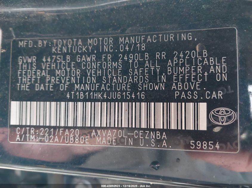 2018 Toyota Camry Le VIN: 4T1B11HK4JU615416 Lot: 43892923