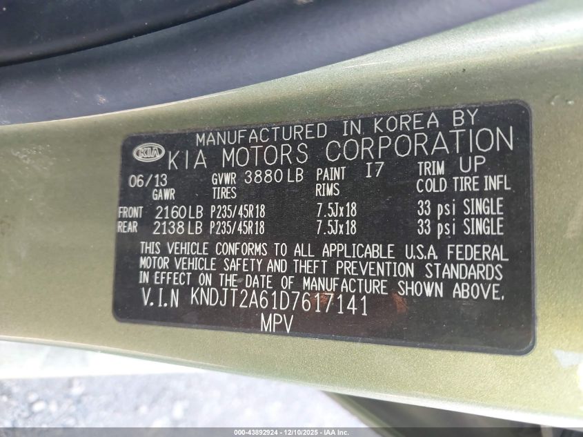 2013 Kia Soul ! VIN: KNDJT2A61D7617141 Lot: 43892924