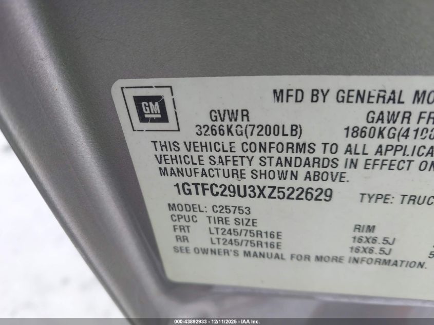 1999 GMC Sierra 2500 Sle VIN: 1GTFC29U3XZ522629 Lot: 43892933