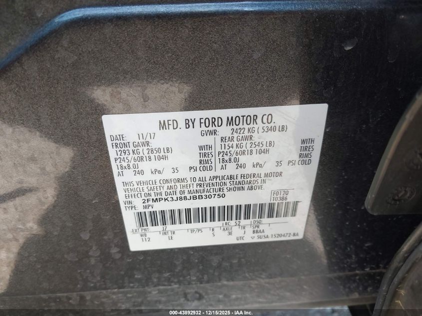 2018 Ford Edge Sel VIN: 2FMPK3J88JBB30750 Lot: 43892932