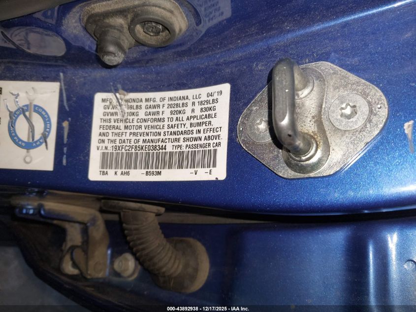 2019 Honda Civic Sport VIN: 19XFC2F85KE038344 Lot: 43892938