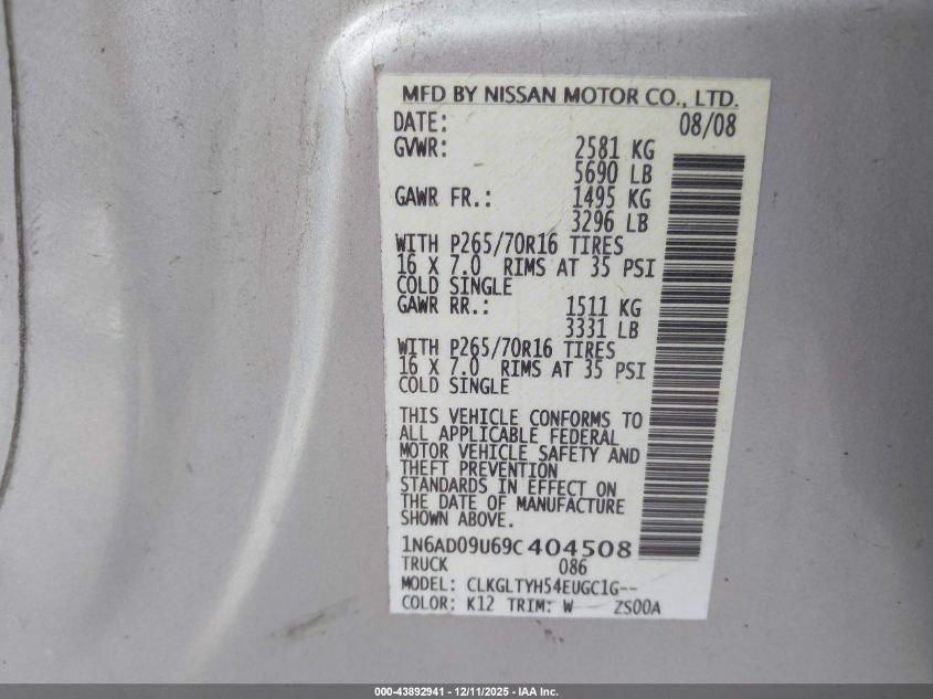 2009 Nissan Frontier Se VIN: 1N6AD09U69C404508 Lot: 43892941