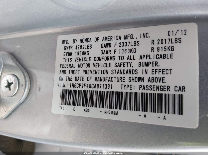2012 Honda Accord 2.4 Lx-P VIN: 1HGCP2F40CA071391 Lot: 43892946