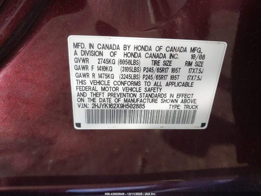 2009 Honda Ridgeline Rt VIN: 2HJYK162X9H502885 Lot: 43892949