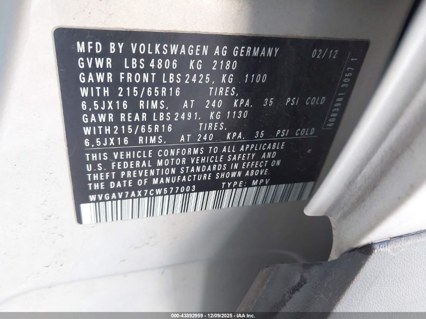 2012 Volkswagen Tiguan Le VIN: WVGAV7AX7CW577003 Lot: 43892959