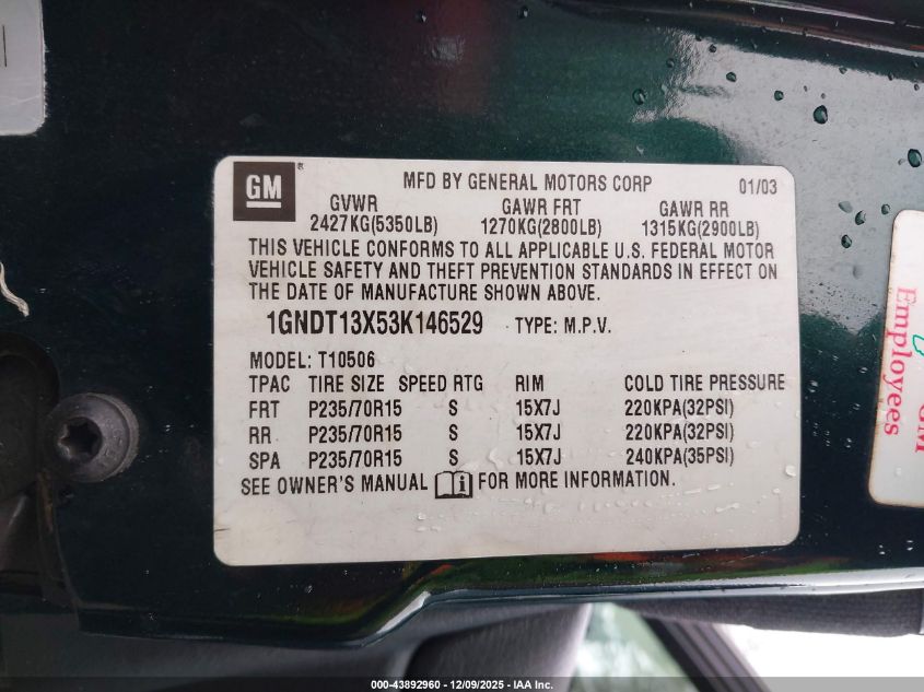 2003 Chevrolet Blazer Ls VIN: 1GNDT13X53K146529 Lot: 43892960