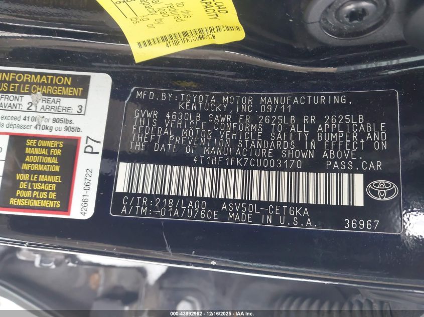 2012 Toyota Camry Xle VIN: 4T1BF1FK7CU003170 Lot: 43892962