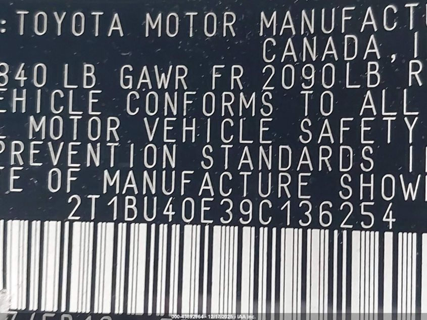 2009 Toyota Corolla Le VIN: 2T1BU40E39C136254 Lot: 43892964