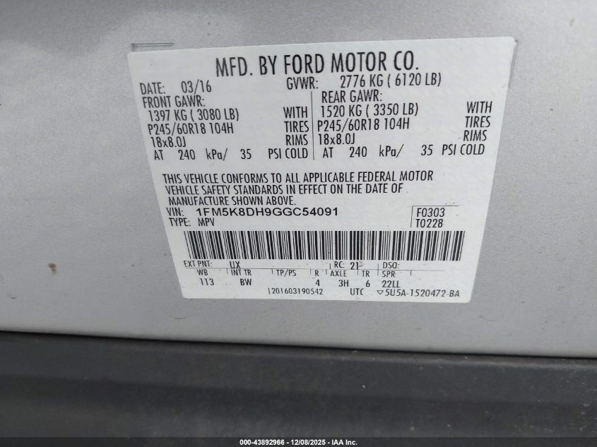 2016 Ford Explorer Xlt VIN: 1FM5K8DH9GGC54091 Lot: 43892966