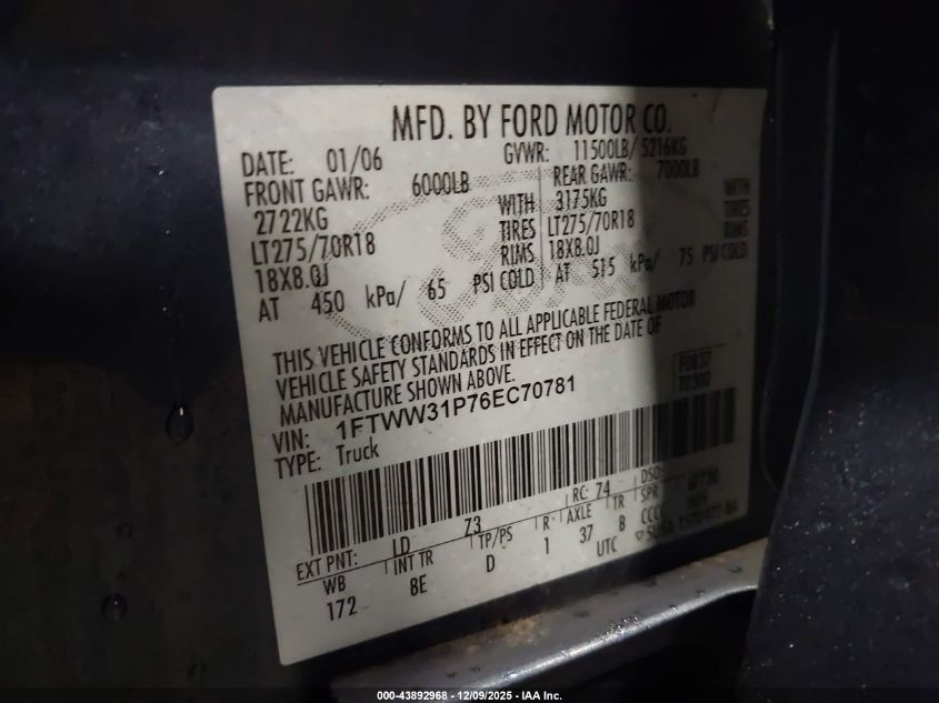 2006 Ford F-350 Lariat/Xl/Xlt VIN: 1FTWW31P76EC70781 Lot: 43892968
