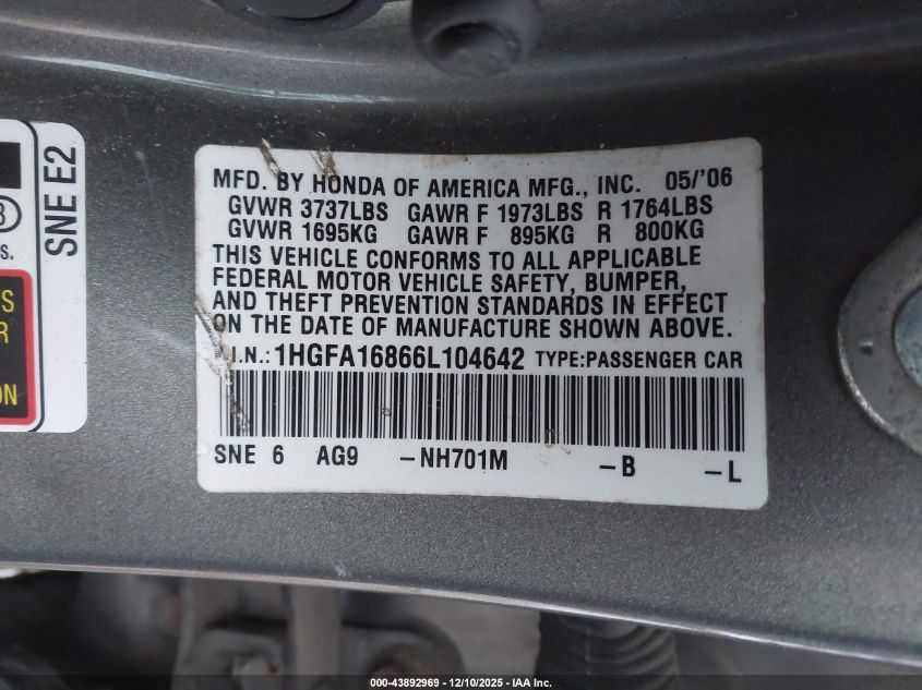 2006 Honda Civic Ex VIN: 1HGFA16866L104642 Lot: 43892969