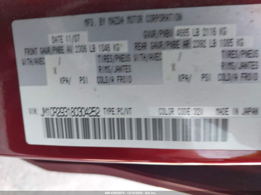 2008 Mazda Mazda5 Grand Touring/Sport/Touring VIN: JM1CR293180304252 Lot: 43892970