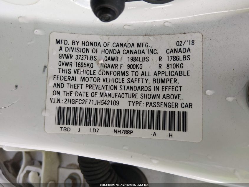 2018 Honda Civic Ex VIN: 2HGFC2F71JH542109 Lot: 43892973