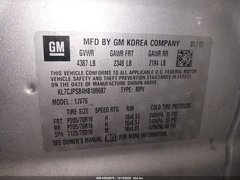 2017 Chevrolet Trax Lt VIN: KL7CJPSB4HB109687 Lot: 43892976