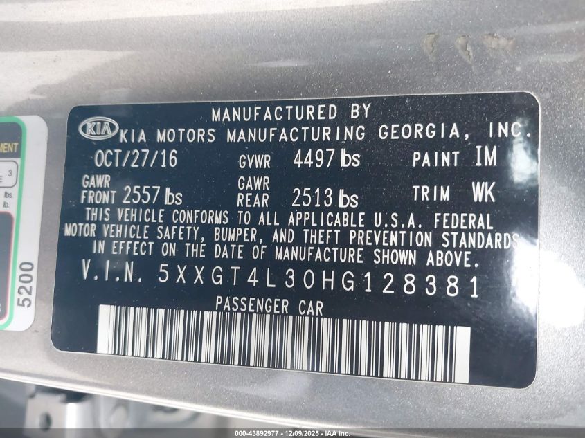 2017 Kia Optima Lx VIN: 5XXGT4L30HG128381 Lot: 43892977