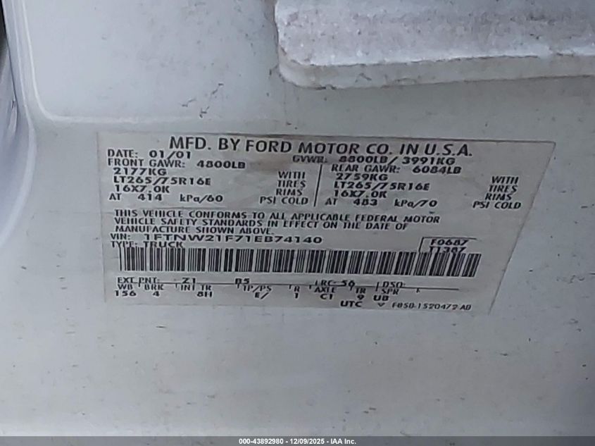 2001 Ford F-250 Lariat/Xl/Xlt VIN: 1FTNW21F71EB74140 Lot: 43892980