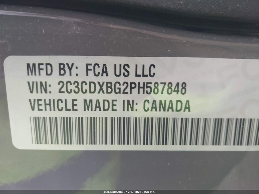2023 Dodge Charger Sxt VIN: 2C3CDXBG2PH587848 Lot: 43892983