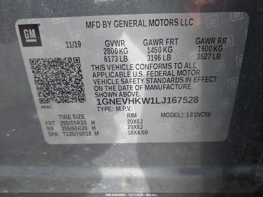 2020 Chevrolet Traverse Awd Lt Leather VIN: 1GNEVHKW1LJ167528 Lot: 43892989