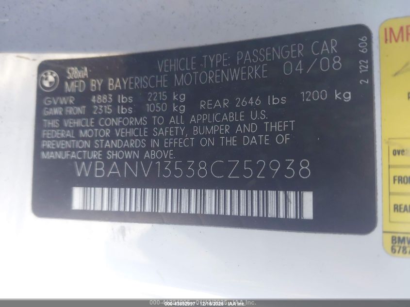 2008 BMW 528Xi VIN: WBANV13538CZ52938 Lot: 43892997