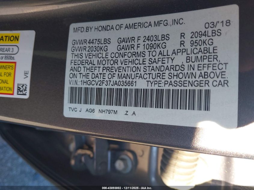 2018 Honda Accord Sport 2.0T VIN: 1HGCV2F37JA035661 Lot: 43893002