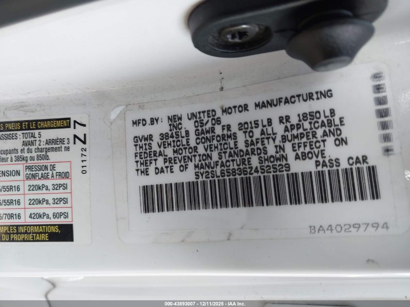 2006 Pontiac Vibe VIN: 5Y2SL65836Z452529 Lot: 43893007