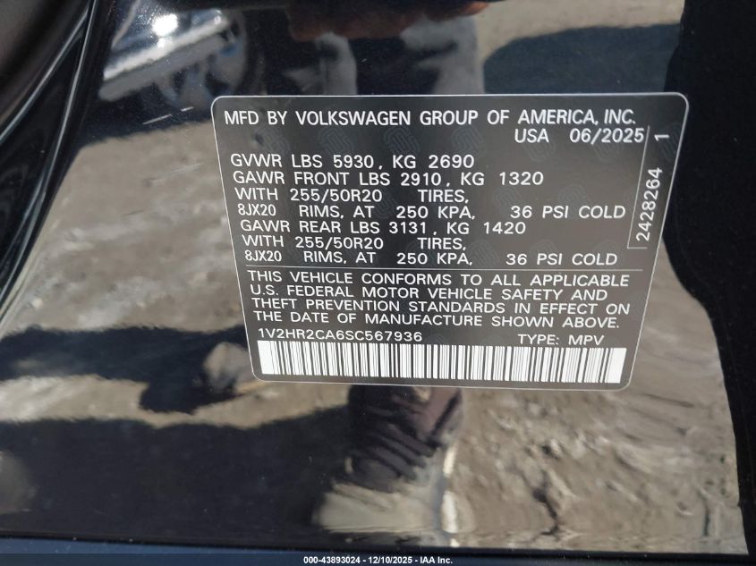 2025 Volkswagen Atlas 2.0T Se W/Technology VIN: 1V2HR2CA6SC567936 Lot: 43893024