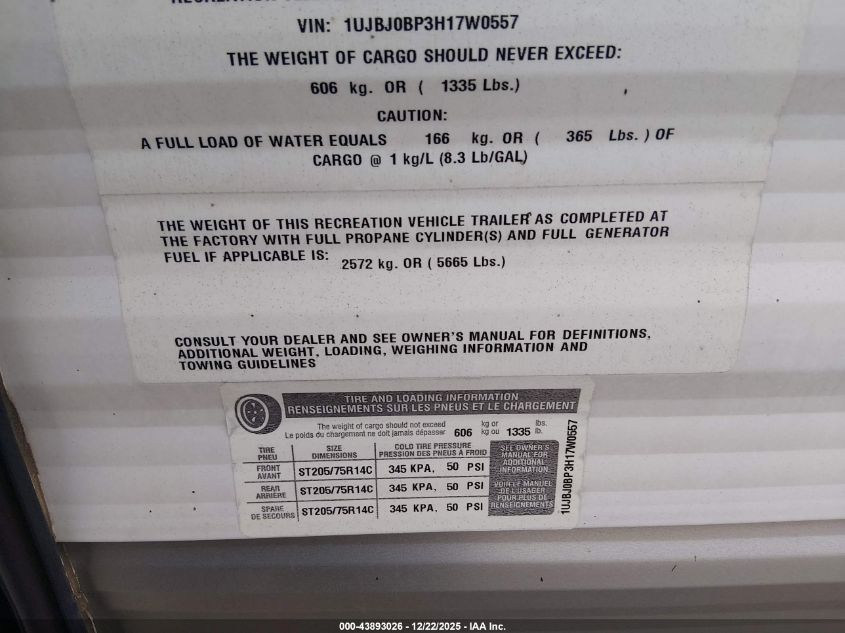 2017 Jayco Other VIN: 1UJBJ0BP3H17W0557 Lot: 43893026