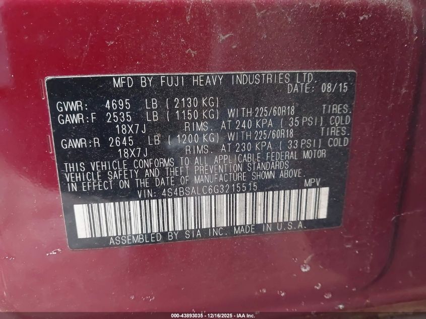 2016 Subaru Outback 2.5I Limited VIN: 4S4BSALC6G3215515 Lot: 43893035