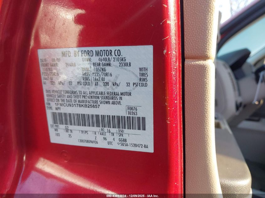 2008 Ford Escape Xlt VIN: 1FMCU93178KB25857 Lot: 43893034