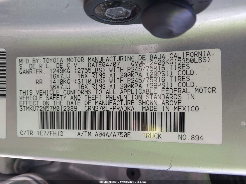 2007 Toyota Tacoma Prerunner V6 VIN: 3TMKU72N57M012389 Lot: 43893038