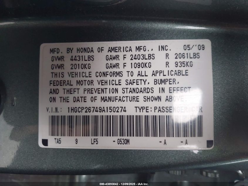 2009 Honda Accord 2.4 Ex VIN: 1HGCP26749A150274 Lot: 43893042