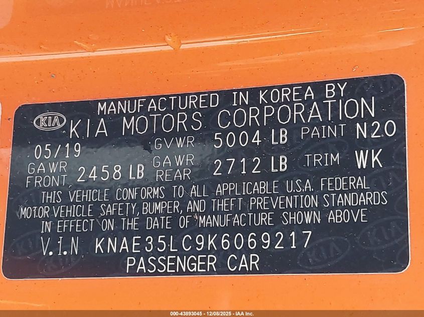 2019 Kia Stinger Gts VIN: KNAE35LC9K6069217 Lot: 43893045