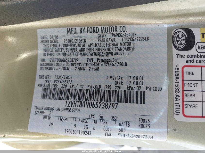 2006 Ford Mustang V6 VIN: 1ZVHT80N065238797 Lot: 43893057
