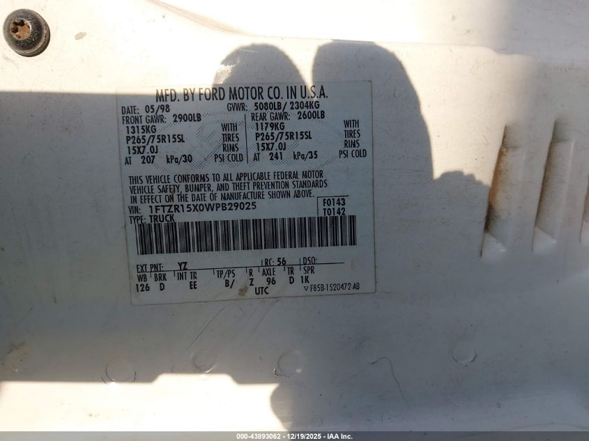 1998 Ford Ranger Splash/Xl/Xlt VIN: 1FTZR15X0WPB29025 Lot: 43893062