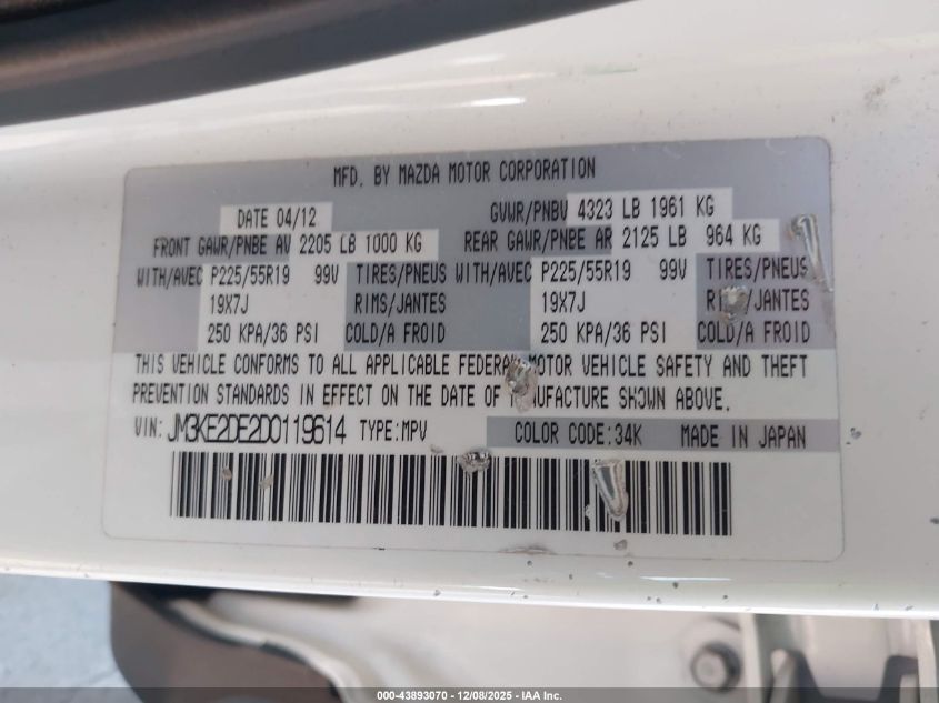 2013 Mazda Cx-5 Grand Touring VIN: JM3KE2DE2D0119614 Lot: 43893070