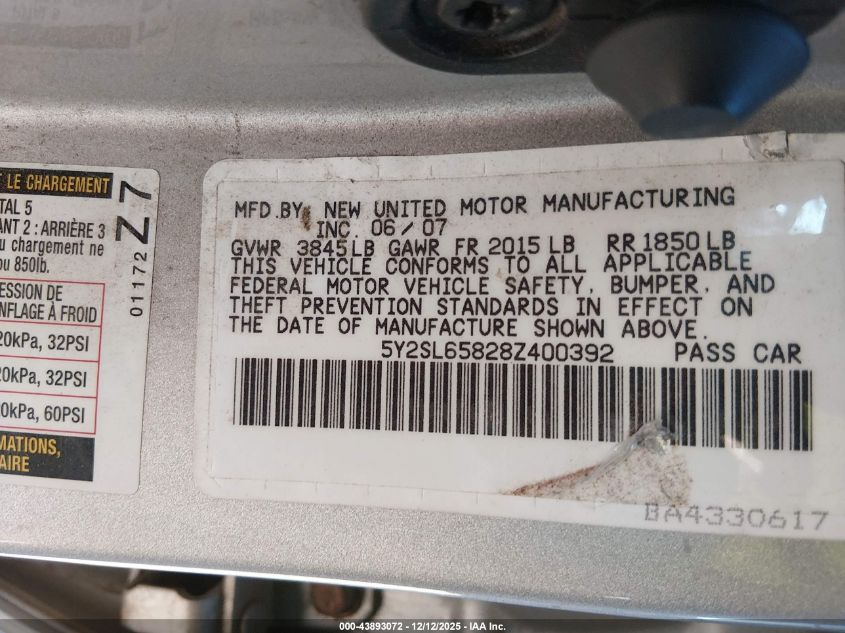 2008 Pontiac Vibe VIN: 5Y2SL65828Z400392 Lot: 43893072