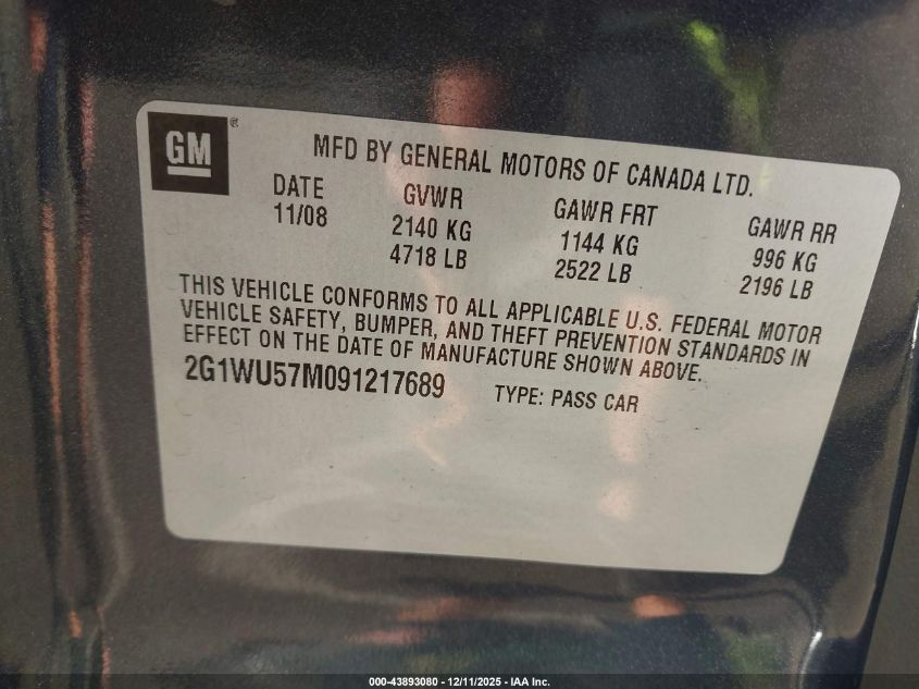 2009 Chevrolet Impala Ltz VIN: 2G1WU57M091217689 Lot: 43893080