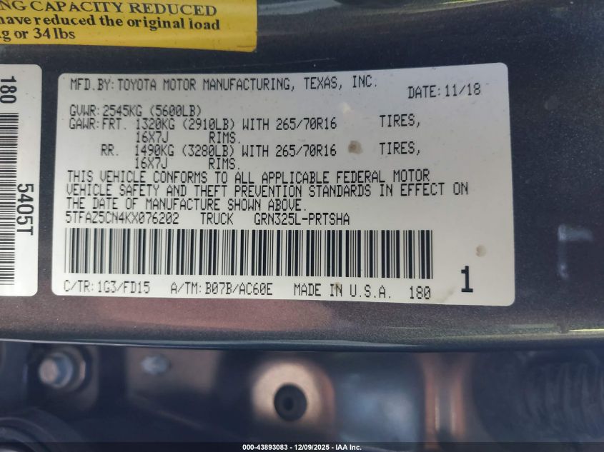 2019 Toyota Tacoma Trd Off Road VIN: 5TFAZ5CN4KX076202 Lot: 43893083